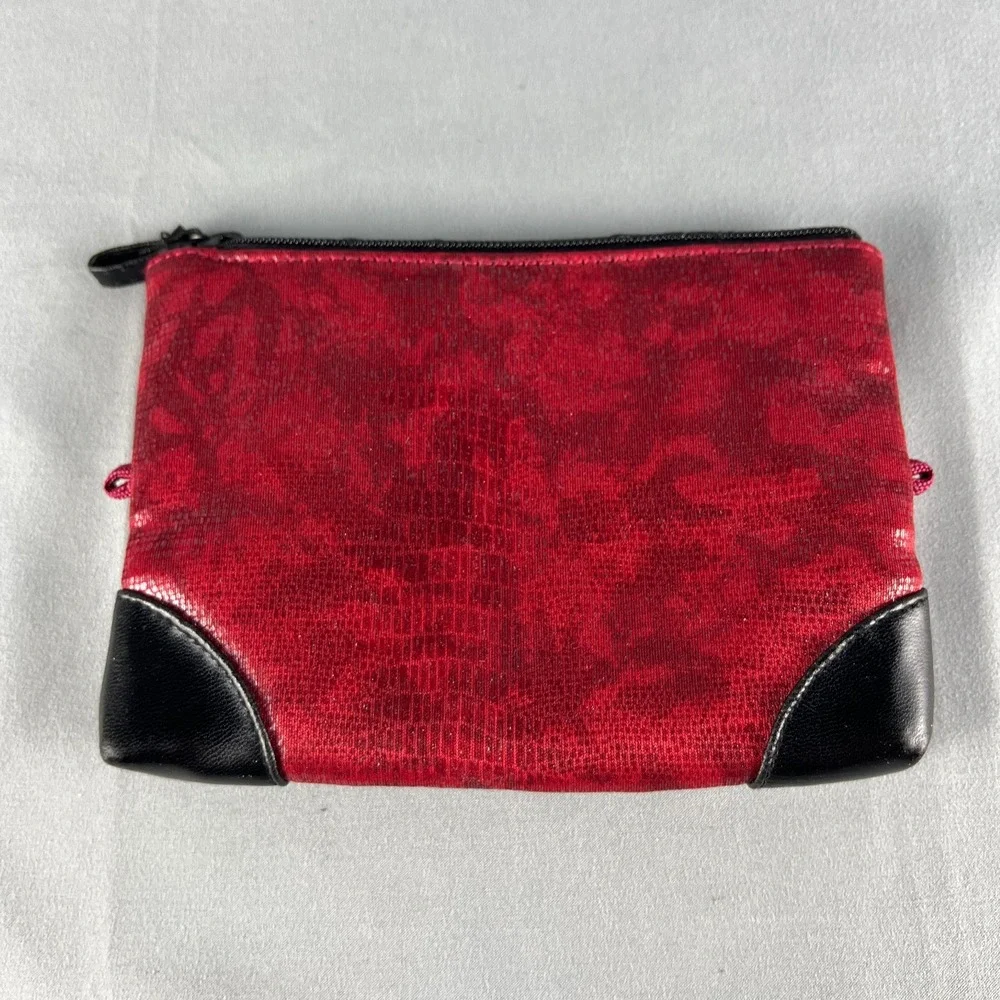 Basics Cosmetic Makeup Bag Womens Small Red Black Leather Trim Travel Organizer